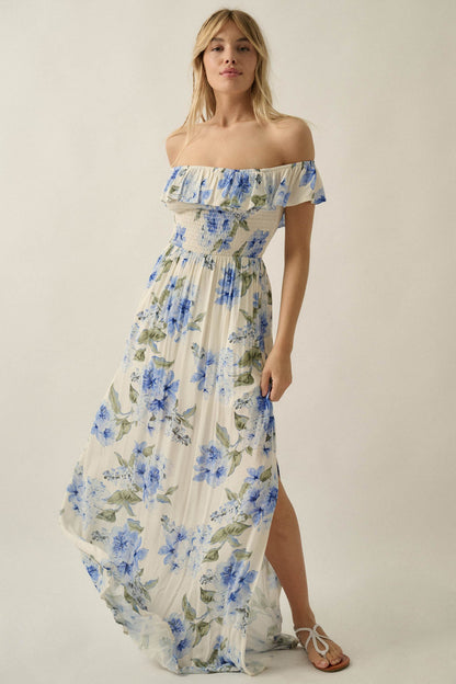 Elegant Garden Floral Smocked Off-Shoulder Maxi Dress