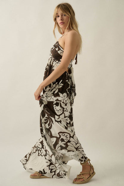 Jungle Beauty Leaf-Print Tie-Back Halter Maxi Dress