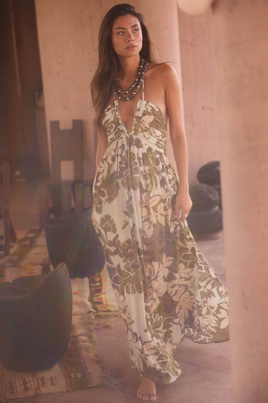 Jungle Beauty Leaf-Print Tie-Back Halter Maxi Dress
