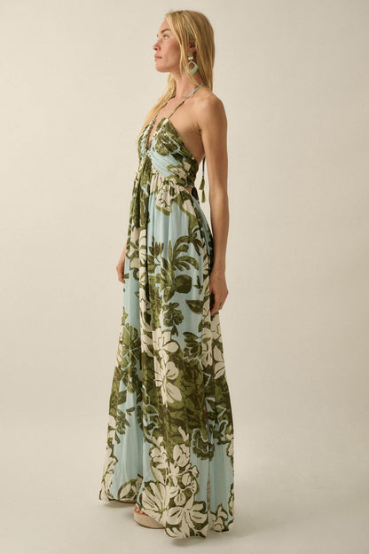 Jungle Beauty Leaf-Print Tie-Back Halter Maxi Dress