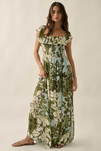 Lost Jungle Leaf-Print Off-Shoulder Ruffle Maxi Dress