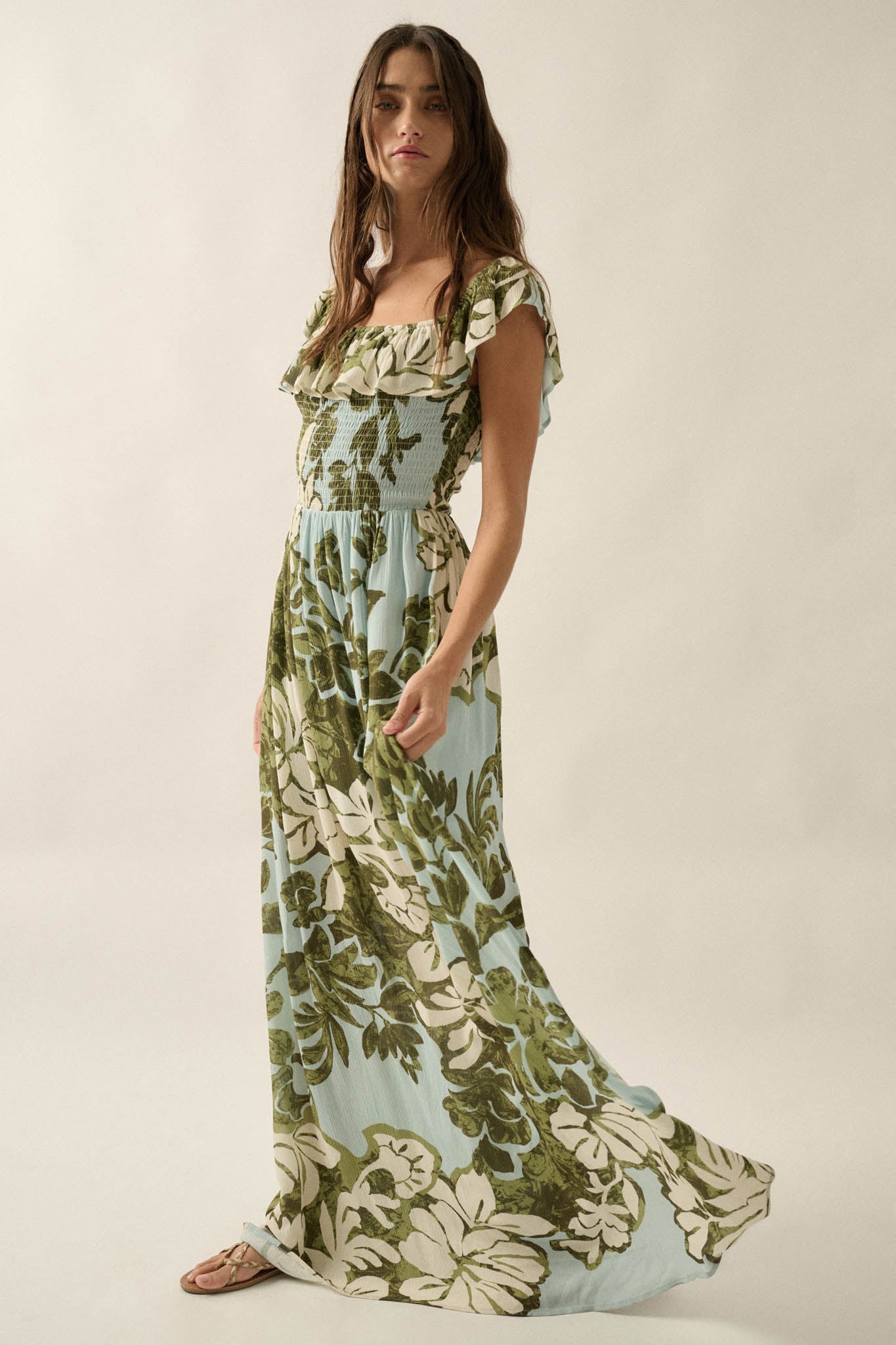 Lost Jungle Leaf-Print Off-Shoulder Ruffle Maxi Dress