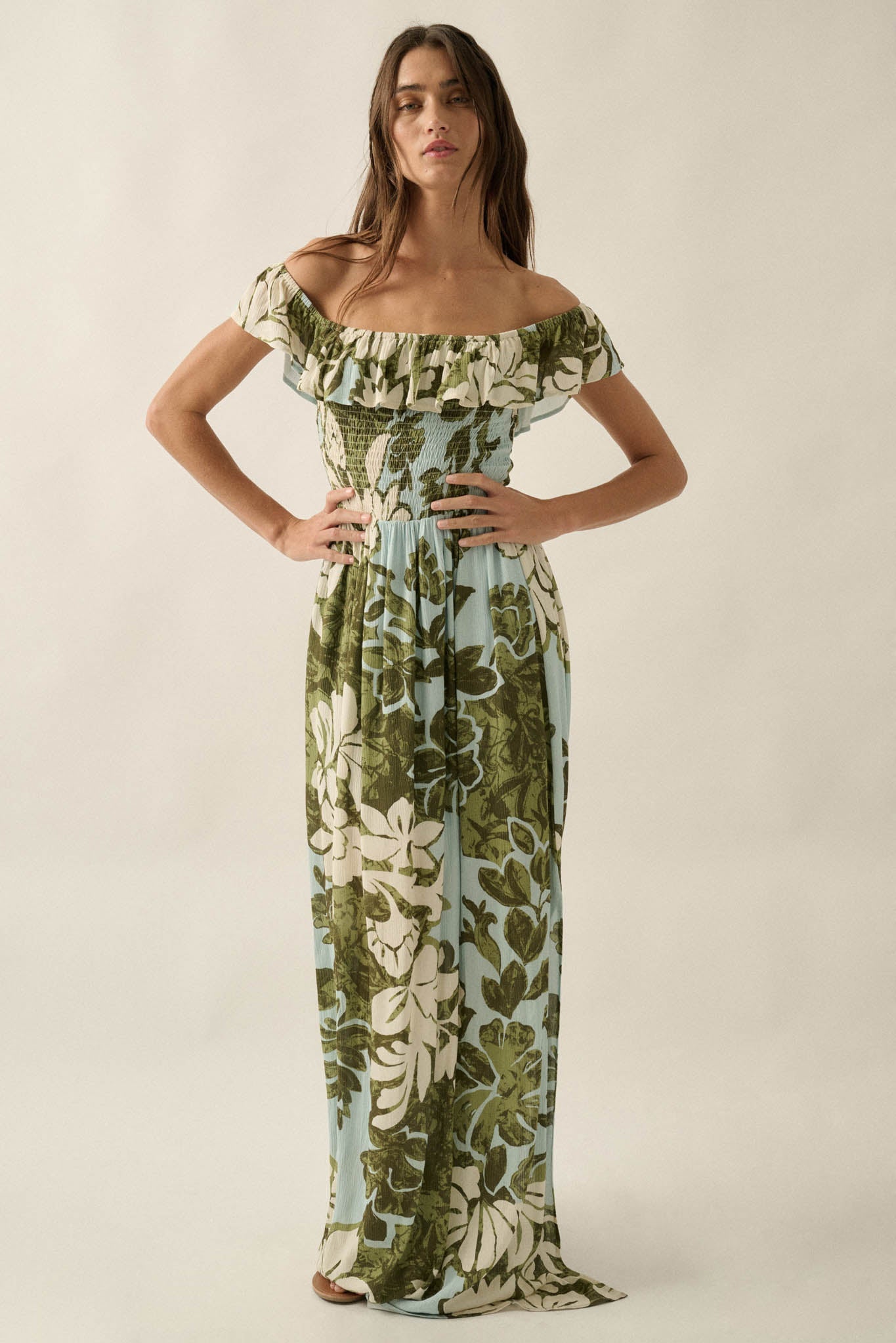 Lost Jungle Leaf-Print Off-Shoulder Ruffle Maxi Dress