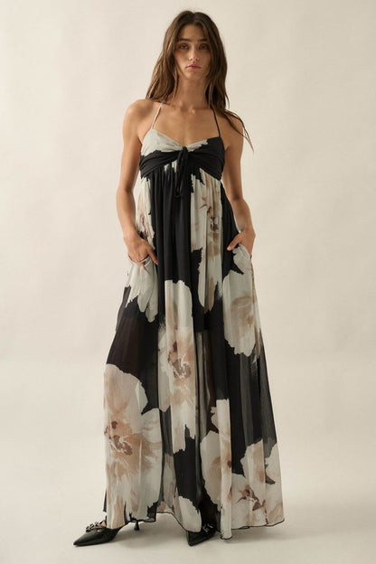 Painted Peonies Floral Chiffon Halter Maxi Dress
