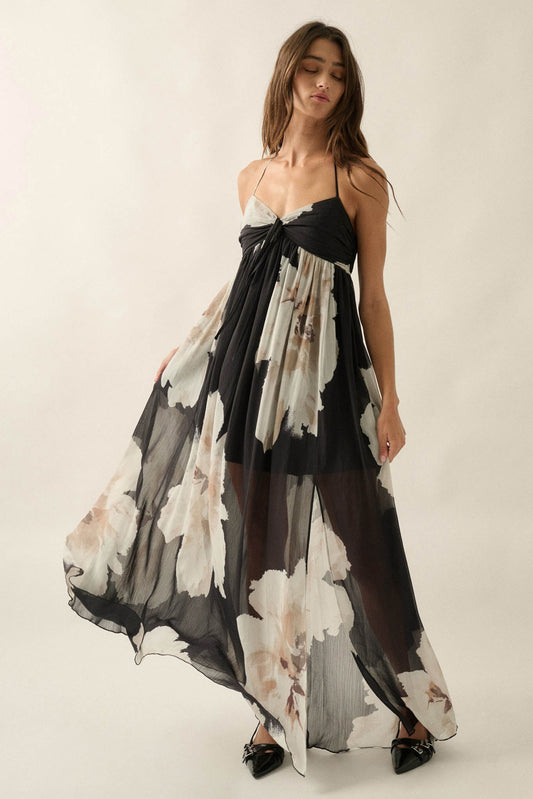 Painted Peonies Floral Chiffon Halter Maxi Dress
