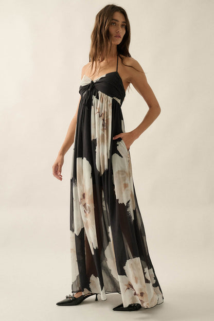 Painted Peonies Floral Chiffon Halter Maxi Dress