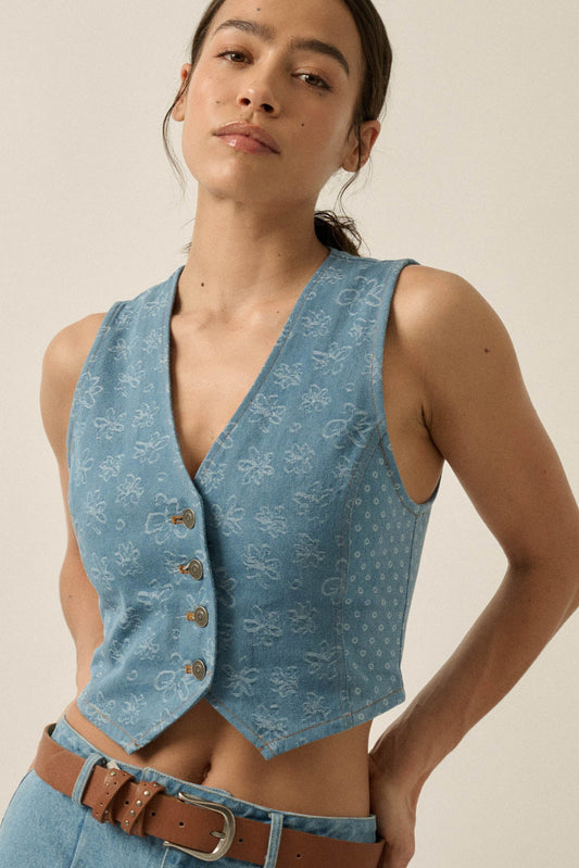 Denim Blooms Floral Jacquard Denim Cropped Vest