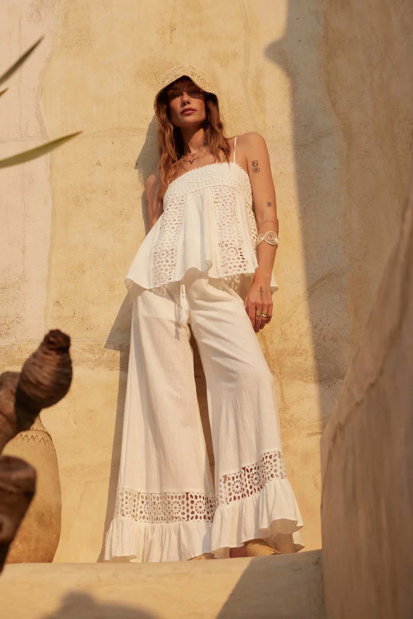 Free Spirit Lace-Inset Ruffled Wide-Leg Pants