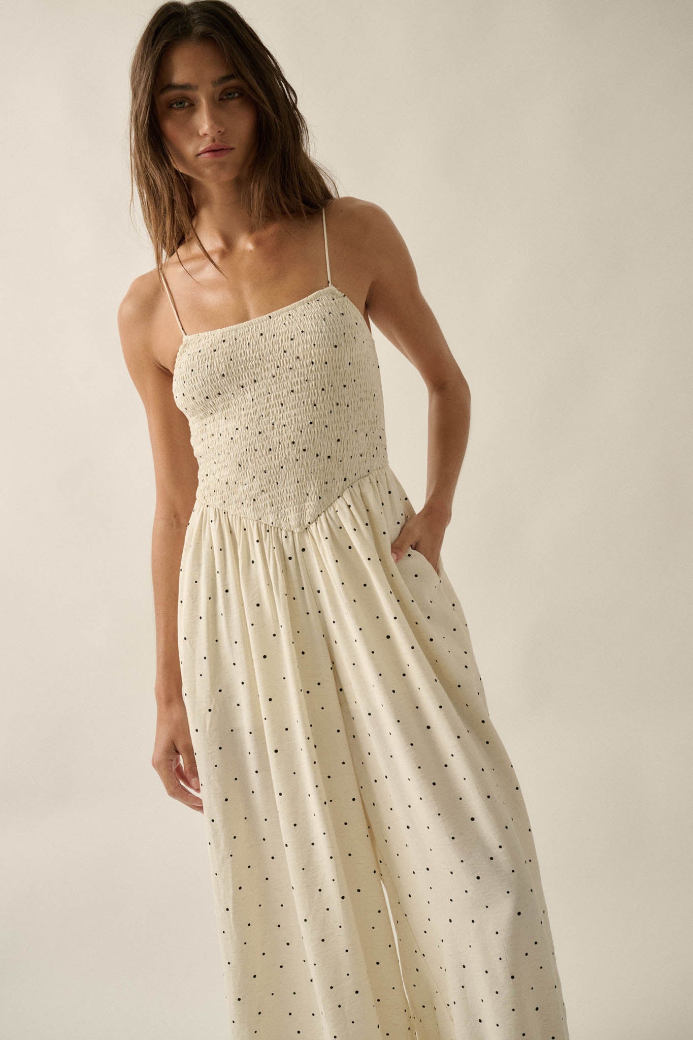 Spot On Polka Dot Smocked Wide-Leg Jumpsuit
