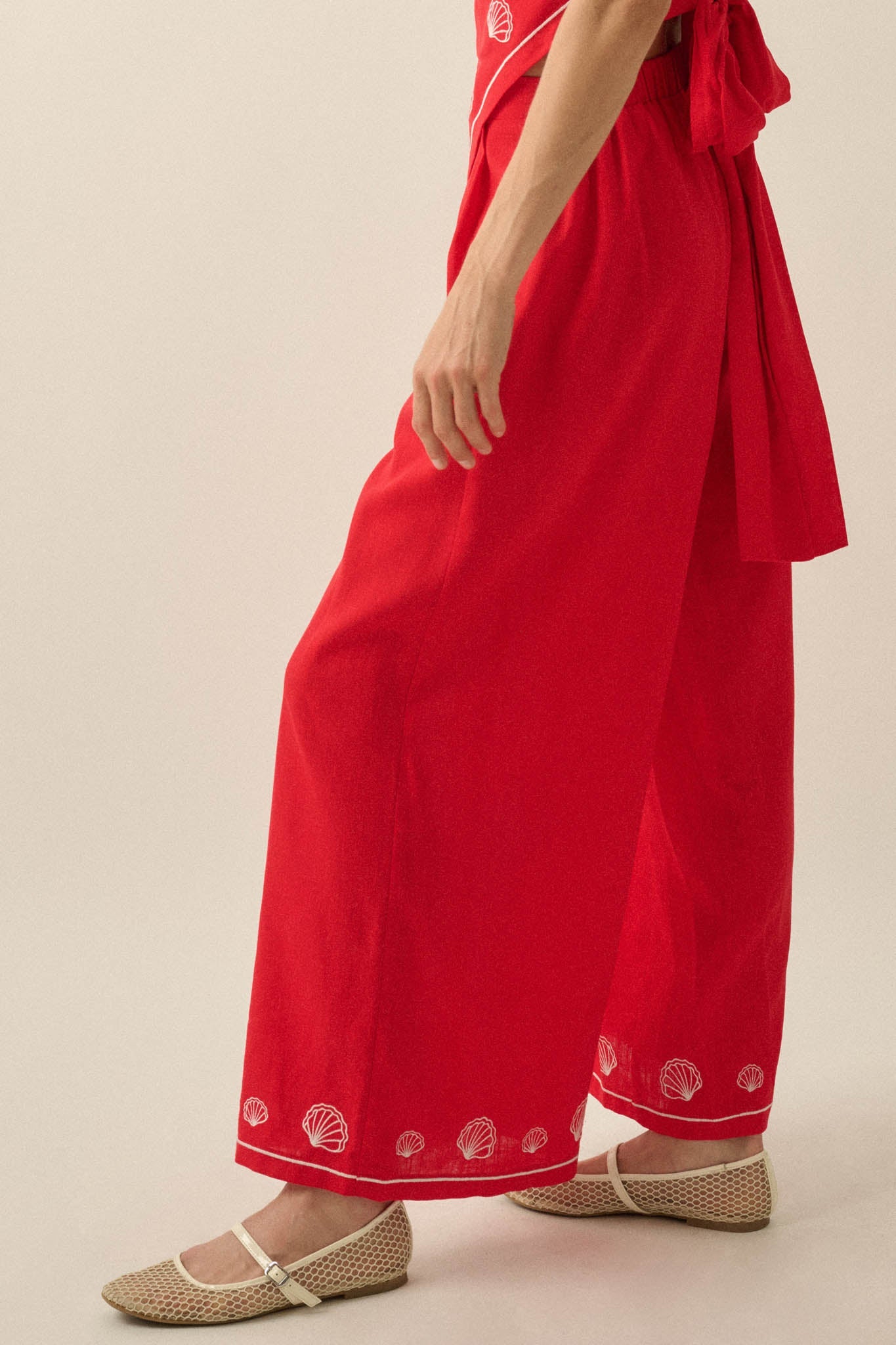 For Shore Shell-Embroidered Wide-Leg Pocket Pants
