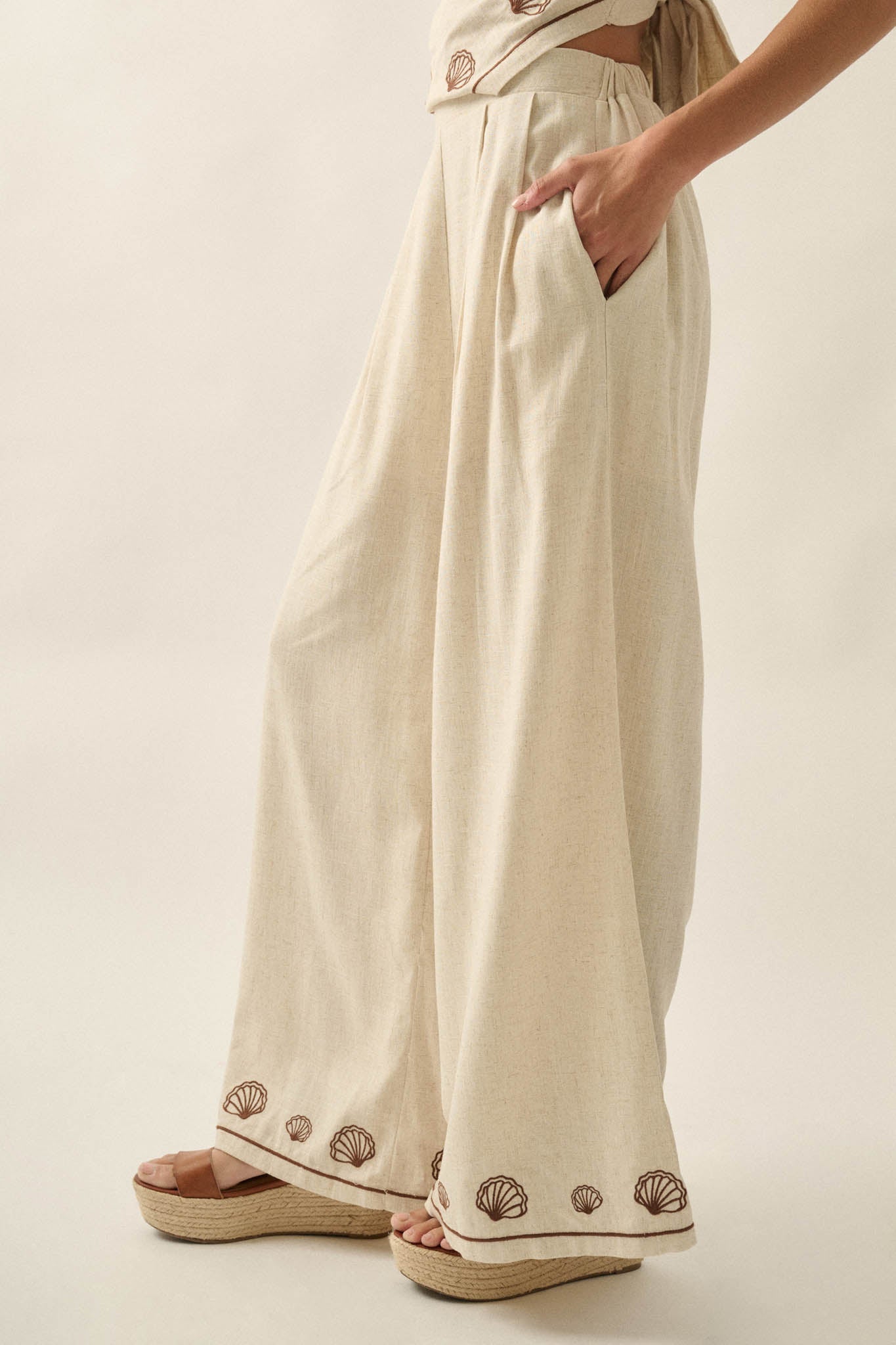 For Shore Shell-Embroidered Wide-Leg Pocket Pants