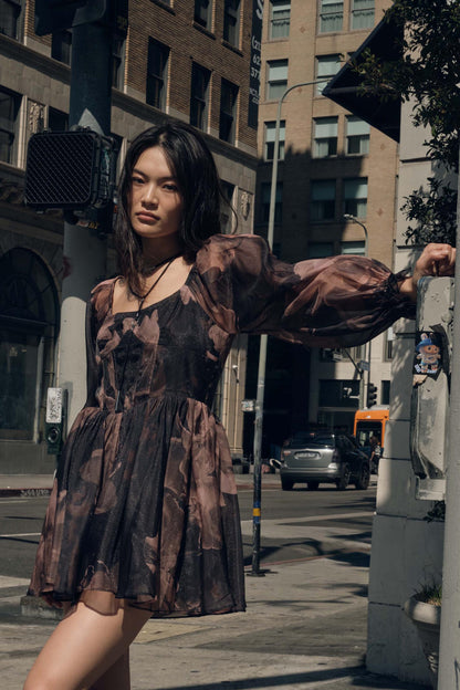 Rich Blossoms Floral Organza Corset Romper Dress
