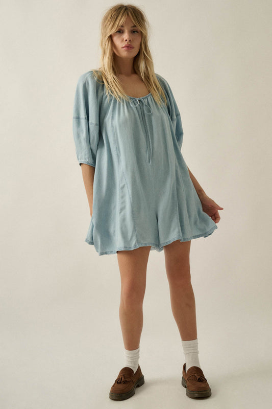 Beyond the Clouds Denim Puff-Sleeve Babydoll Romper