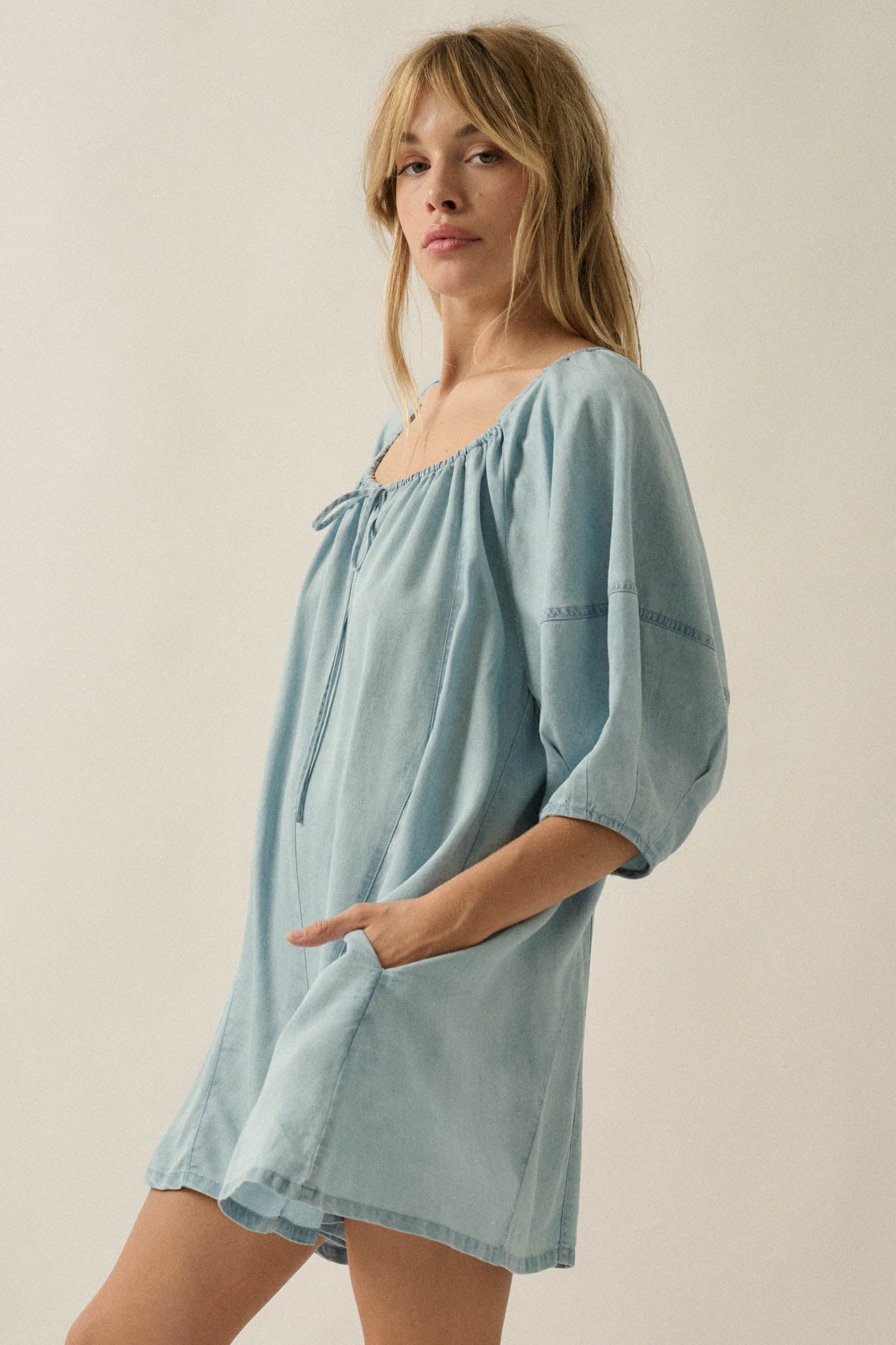 Beyond the Clouds Denim Puff-Sleeve Babydoll Romper