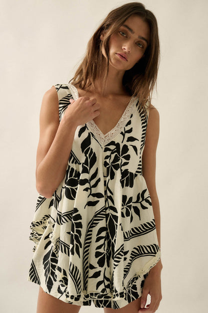 Jungle Boogie Tropical-Print Layered Babydoll Romper