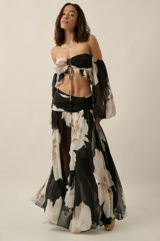 Pretty Peonies Floral Chiffon Drop-Waist Maxi Skirt