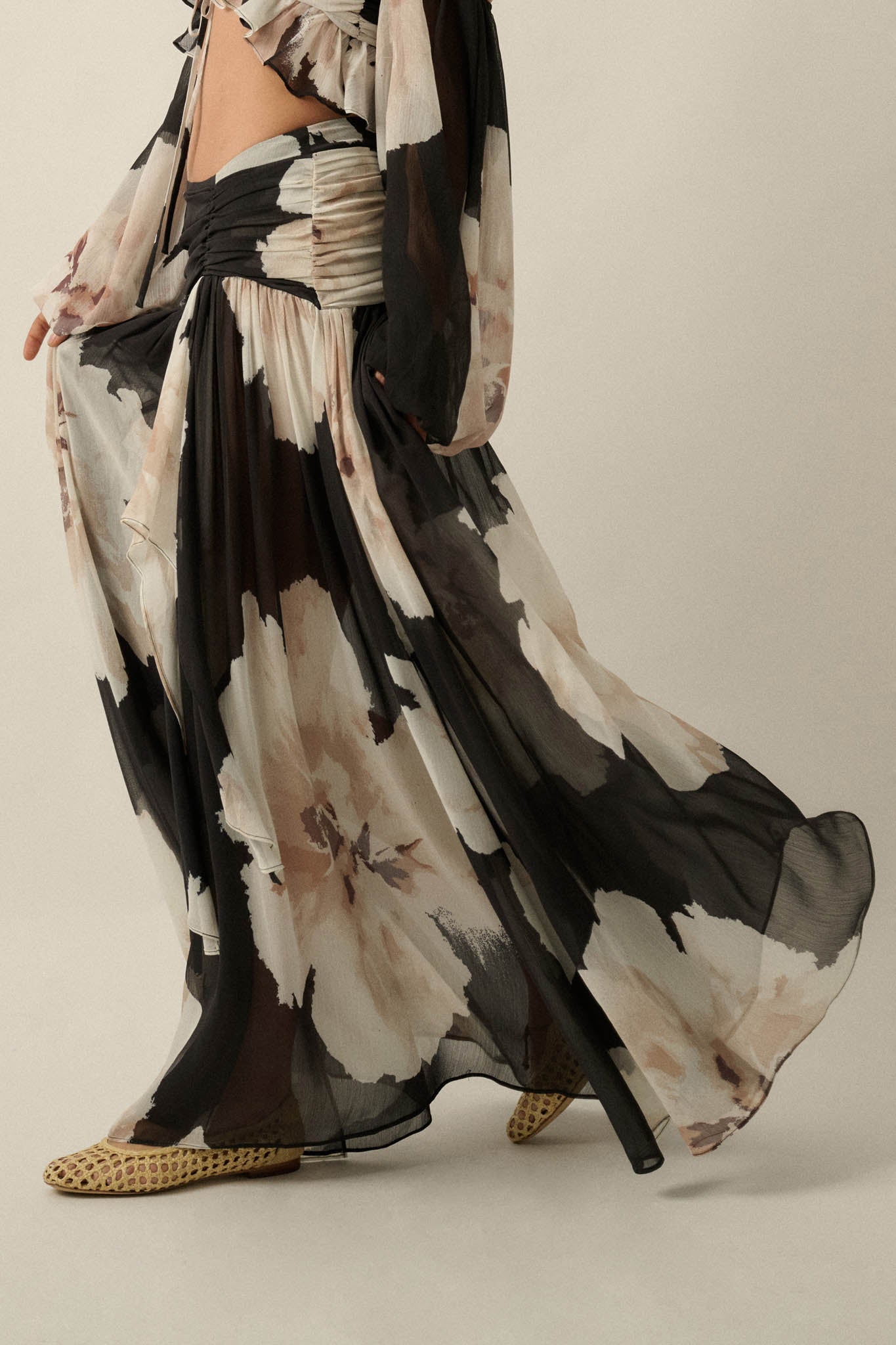 Pretty Peonies Floral Chiffon Drop-Waist Maxi Skirt