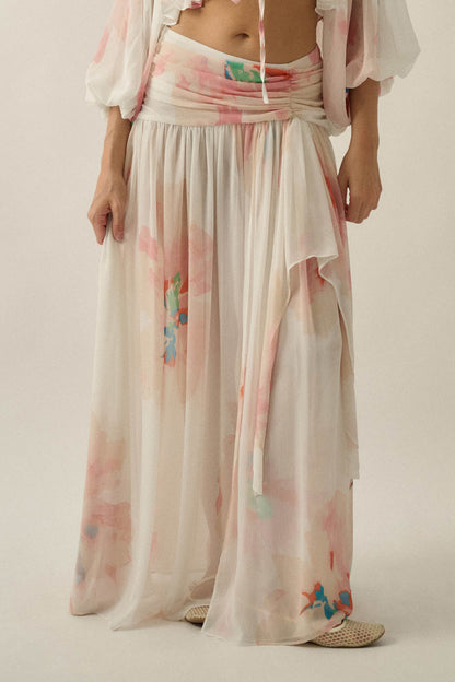 Pretty Peonies Floral Chiffon Drop-Waist Maxi Skirt