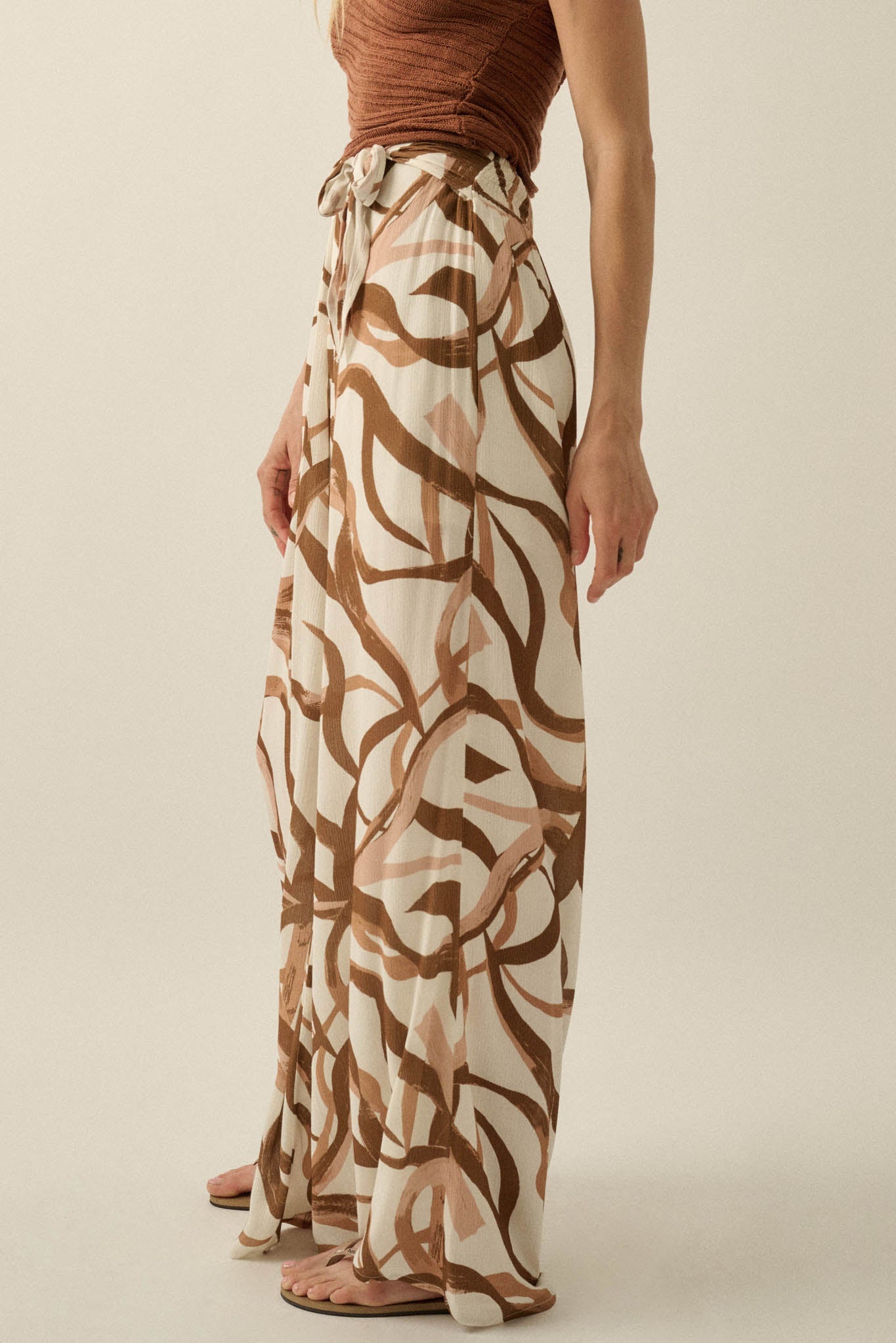 Loose Ends Ribbon-Print Wide-Leg Wrap Pants