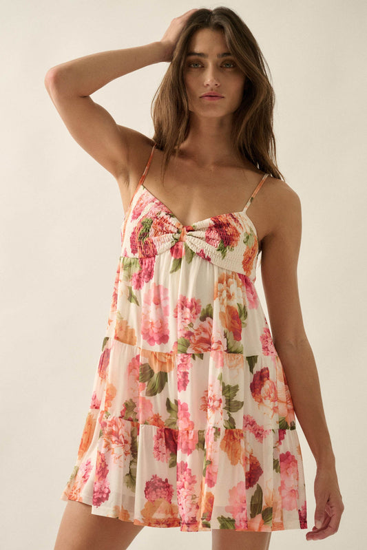 Enchanted Garden Floral Mesh Tiered Babydoll Romper