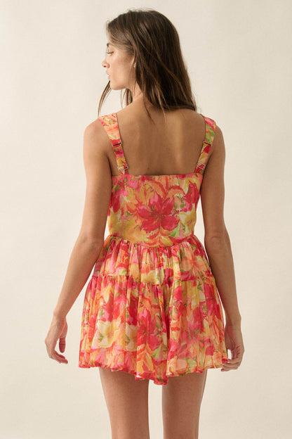 Blooming Citrine Floral Chiffon Tiered Ruffle Romper