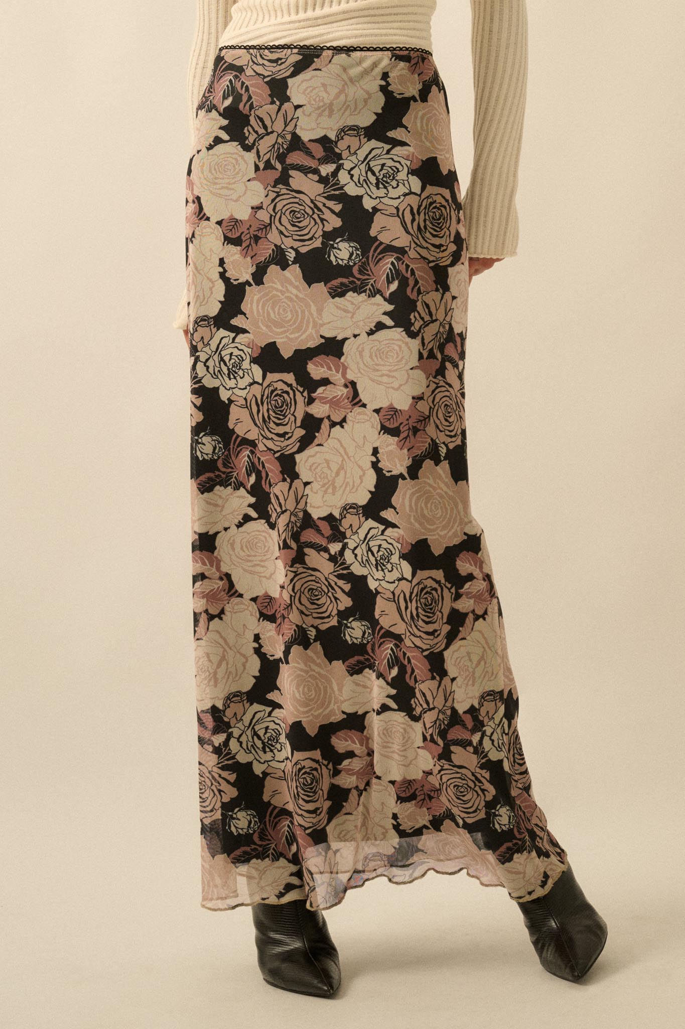 Evening Blooms Floral Mesh Maxi Skirt