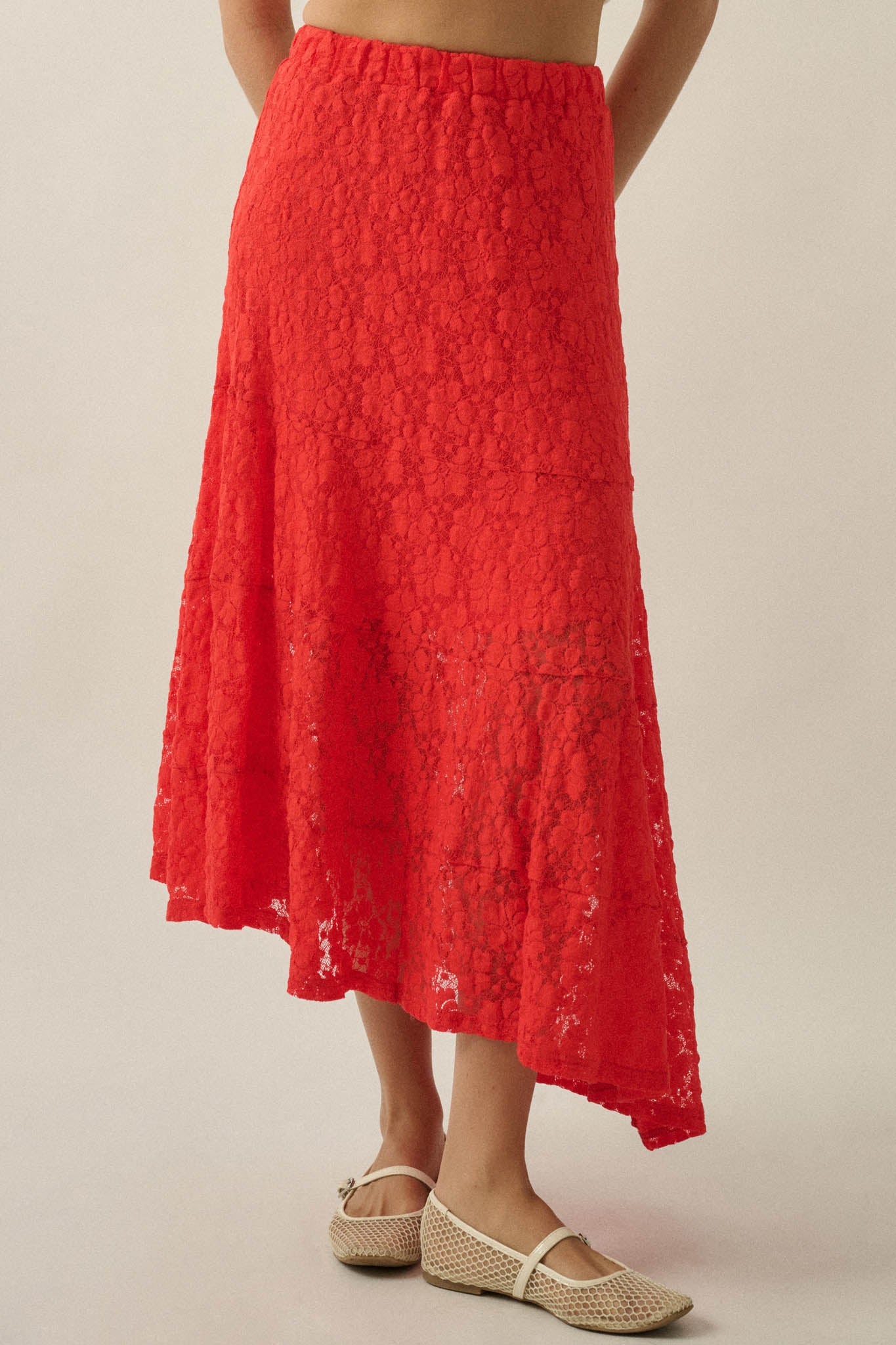 Dreamy Day Floral Lace Asymmetrical Midi Skirt