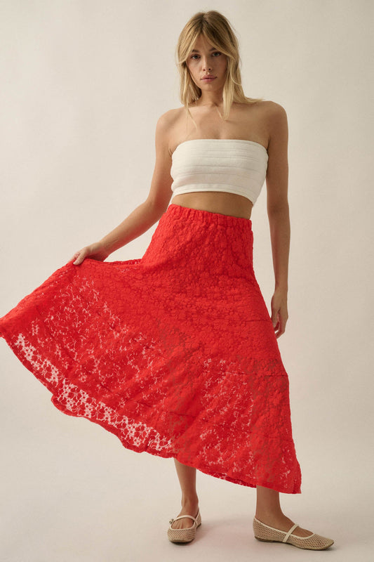 Dreamy Day Floral Lace Asymmetrical Midi Skirt
