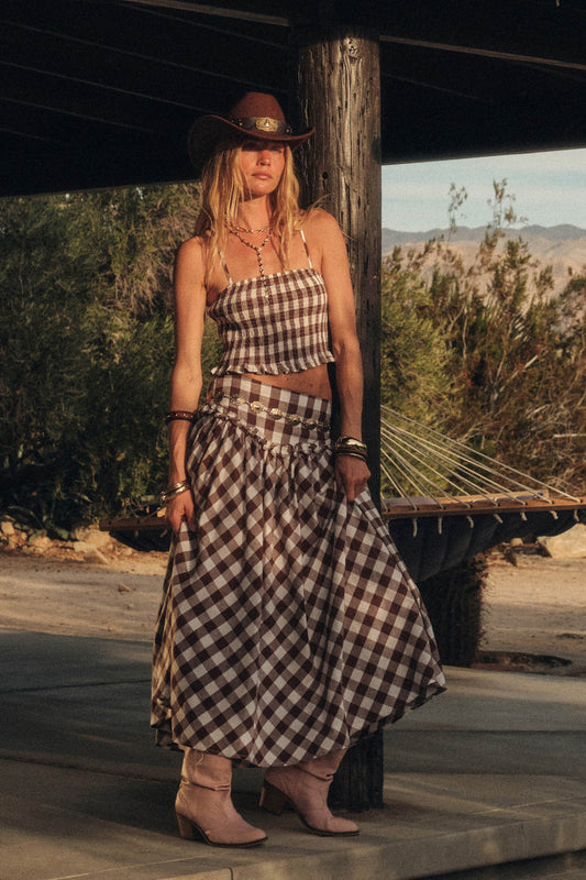 Delicious Days Gingham Plaid Drop-Waist Midi Skirt