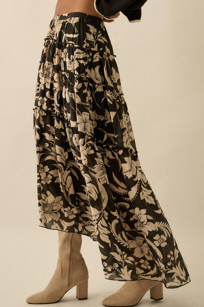 Bohemian Bouquet Floral Chiffon Tiered Maxi Skirt