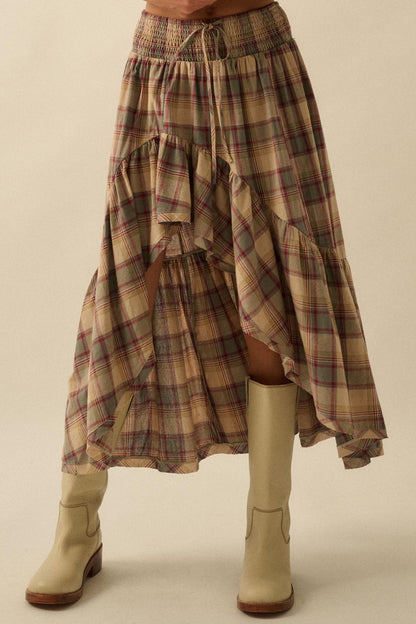 Country Mile Plaid High-Low Ruffle Maxi Skirt