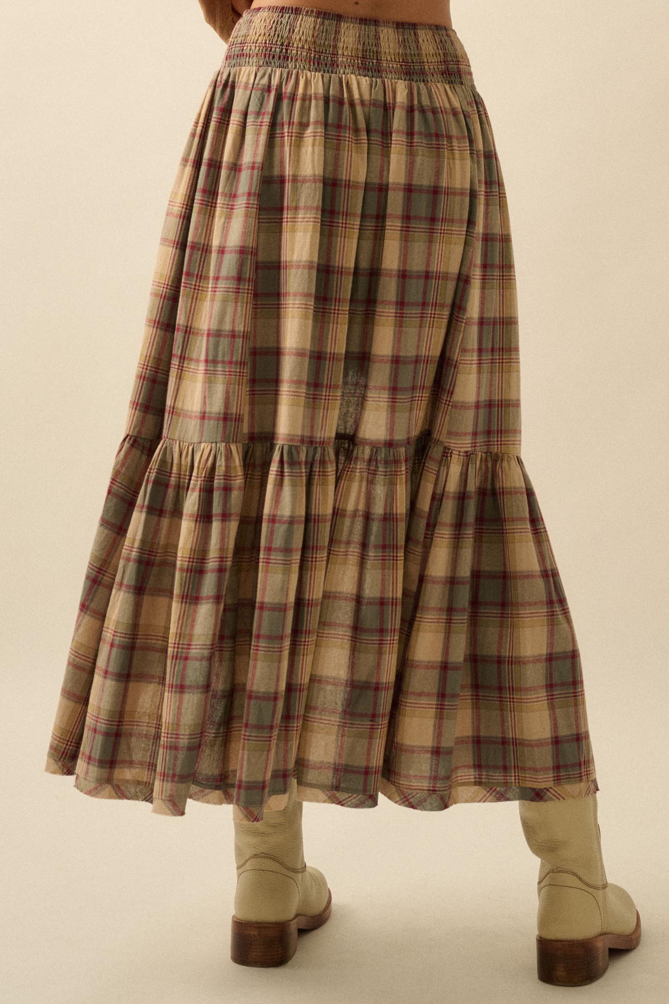 Country Mile Plaid High-Low Ruffle Maxi Skirt