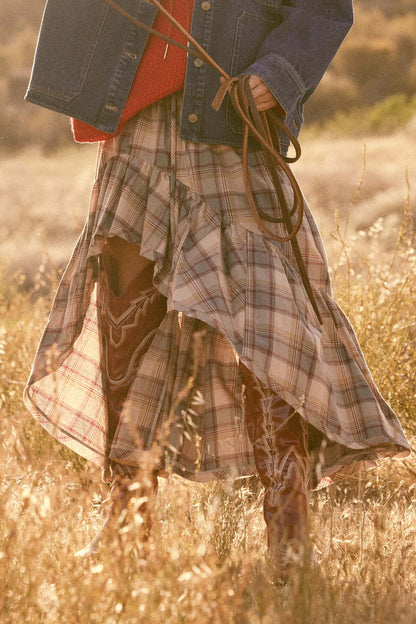 Country Mile Plaid High-Low Ruffle Maxi Skirt