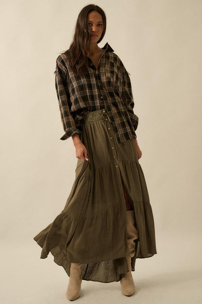 Love You So Button-Front Tiered Ruffle Maxi Skirt