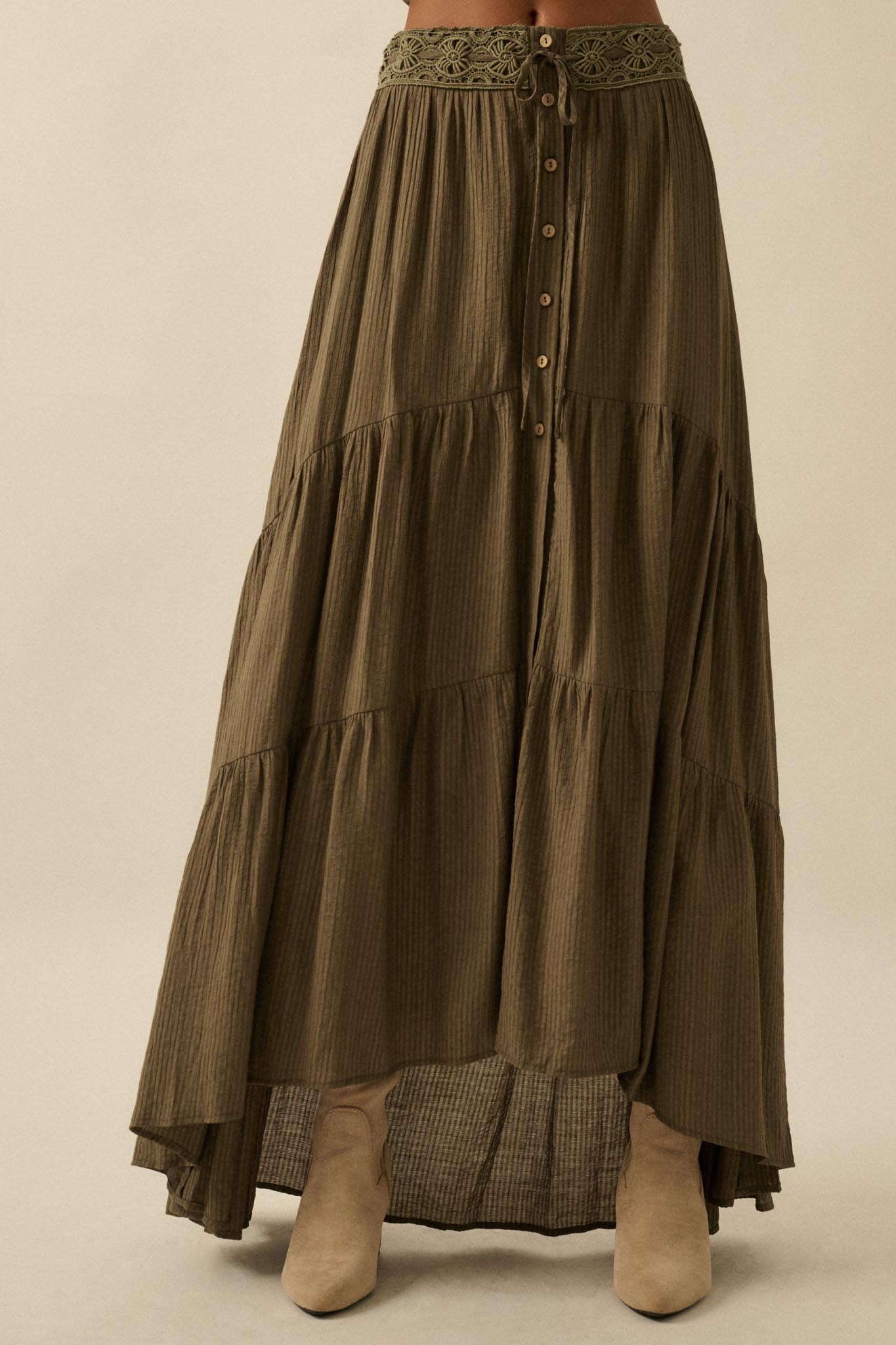 Love You So Button-Front Tiered Ruffle Maxi Skirt
