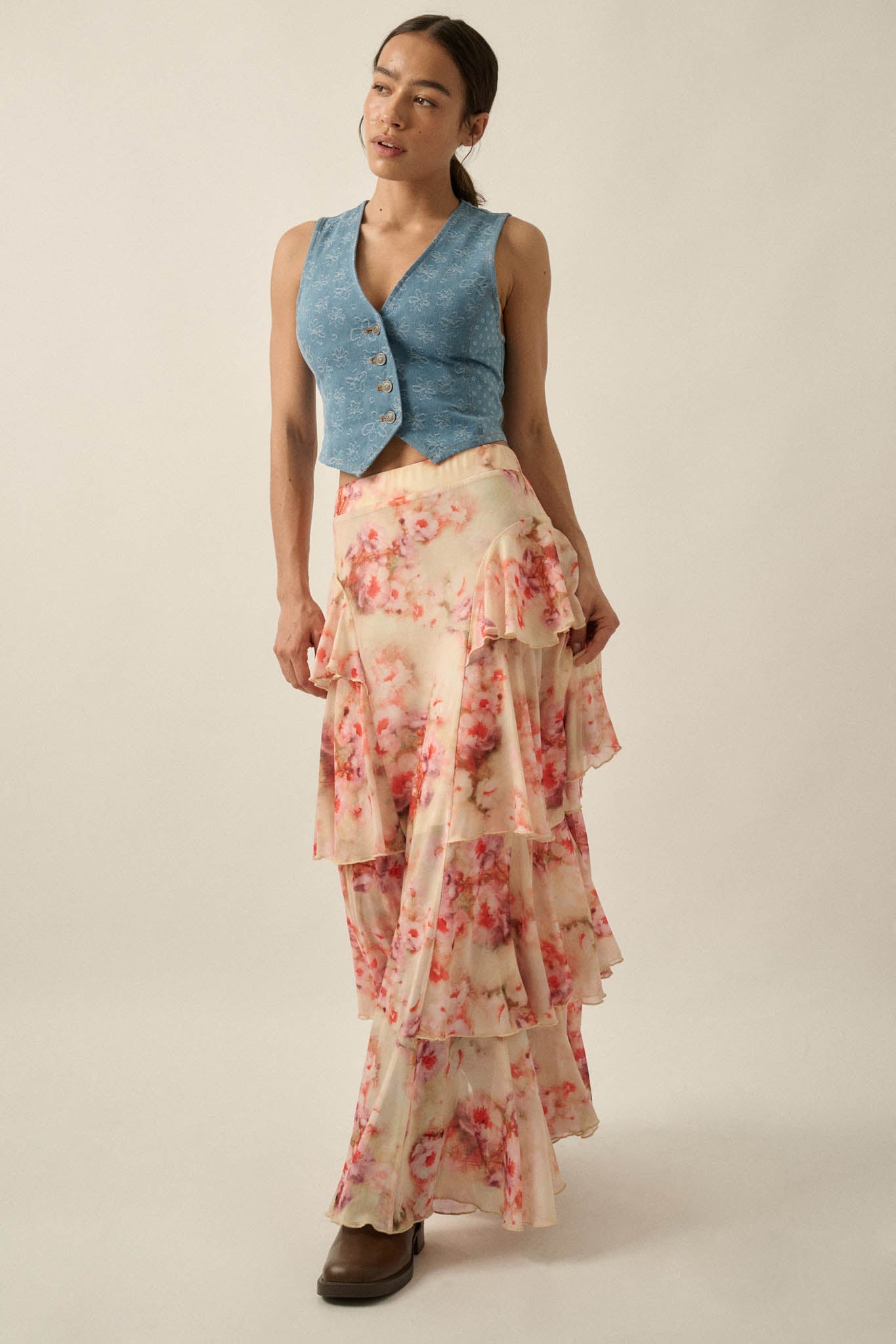 Rosy Blooms Floral Mesh Tiered Ruffle Maxi Skirt