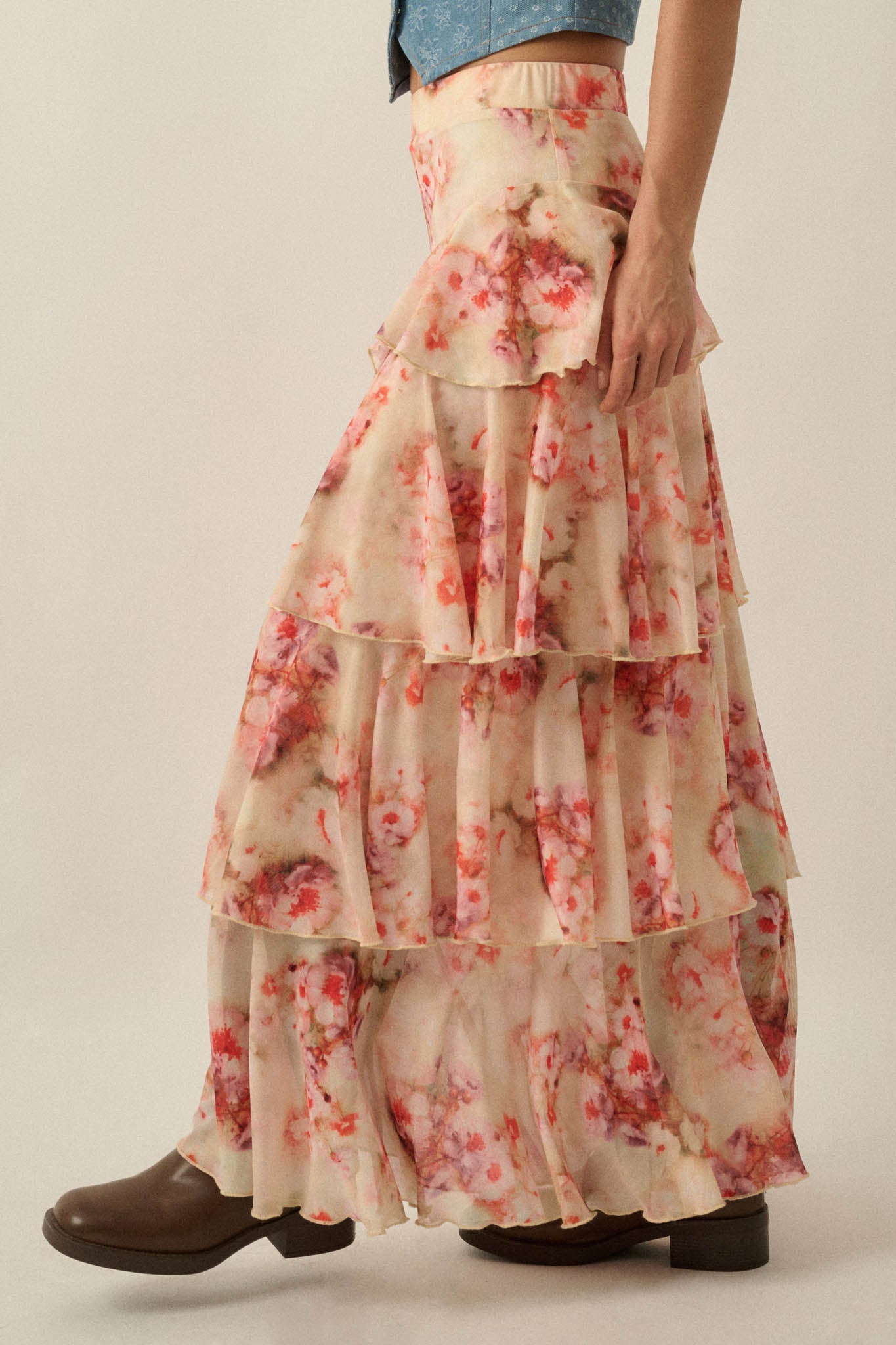 Rosy Blooms Floral Mesh Tiered Ruffle Maxi Skirt