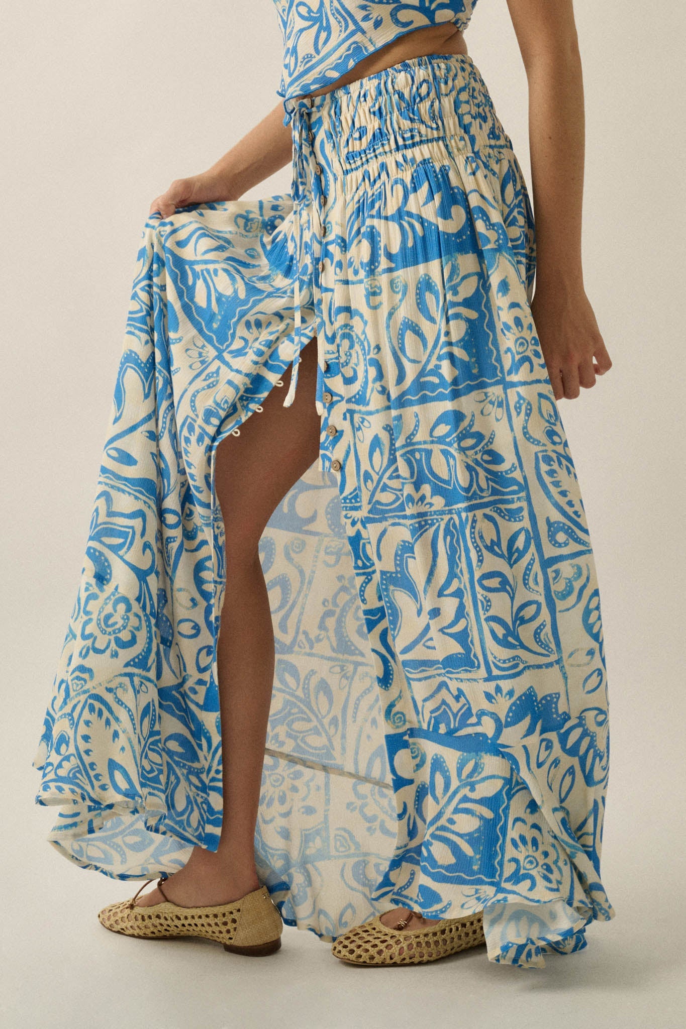 Born Nomad Abstract Floral-Print Button-Up Maxi Skirt