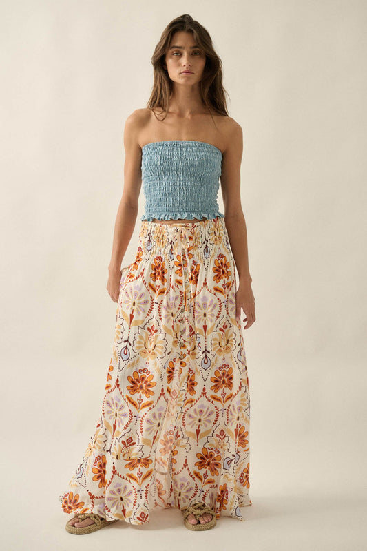 Exotic Garden Medallion-Print Button-Front Maxi Skirt