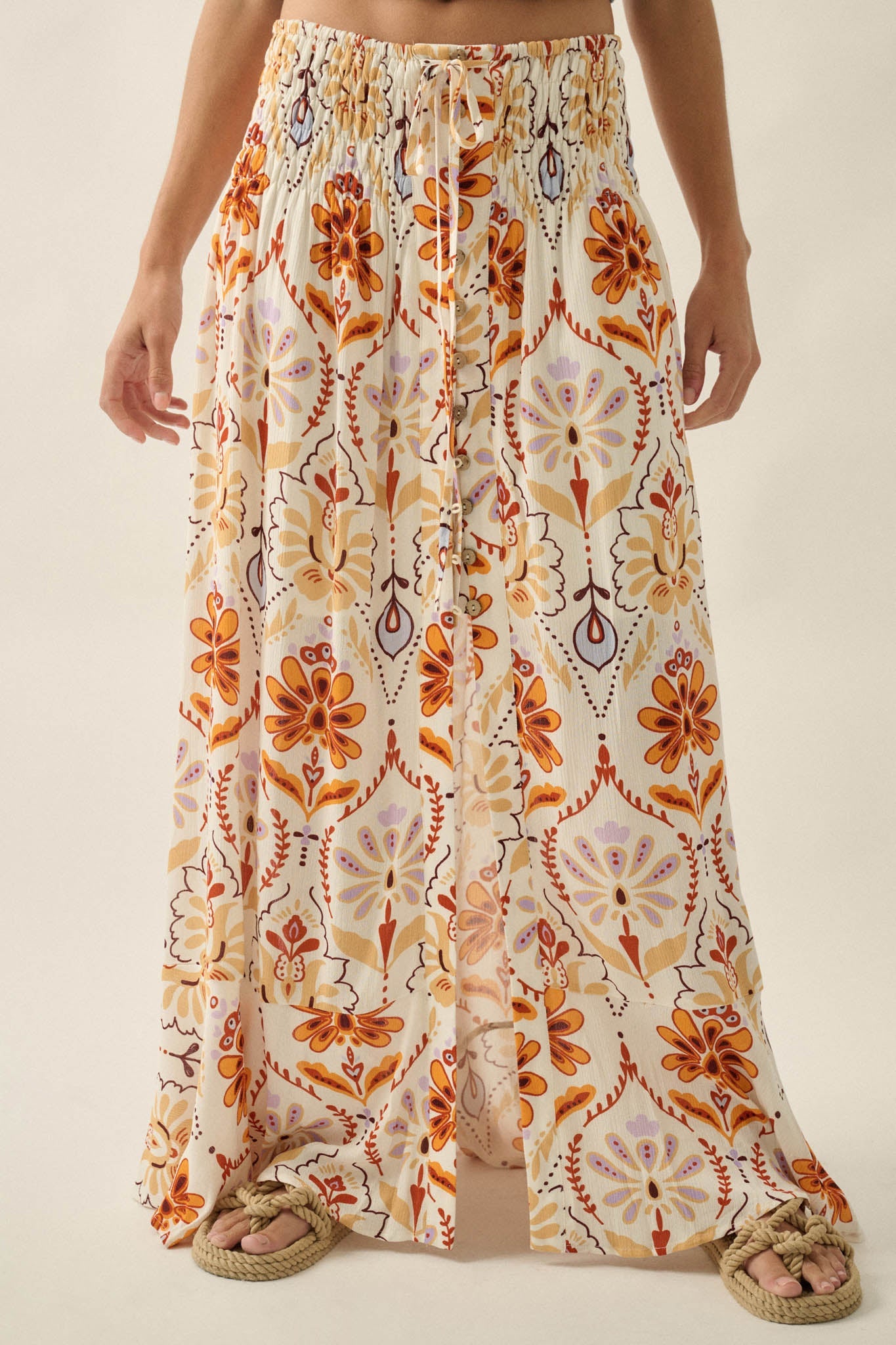 Exotic Garden Medallion-Print Button-Front Maxi Skirt