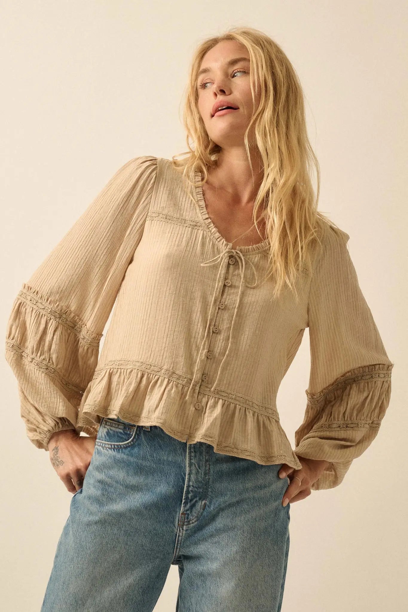 Lovely Day Button-Up Lace-Trim Ruffled Peasant Top