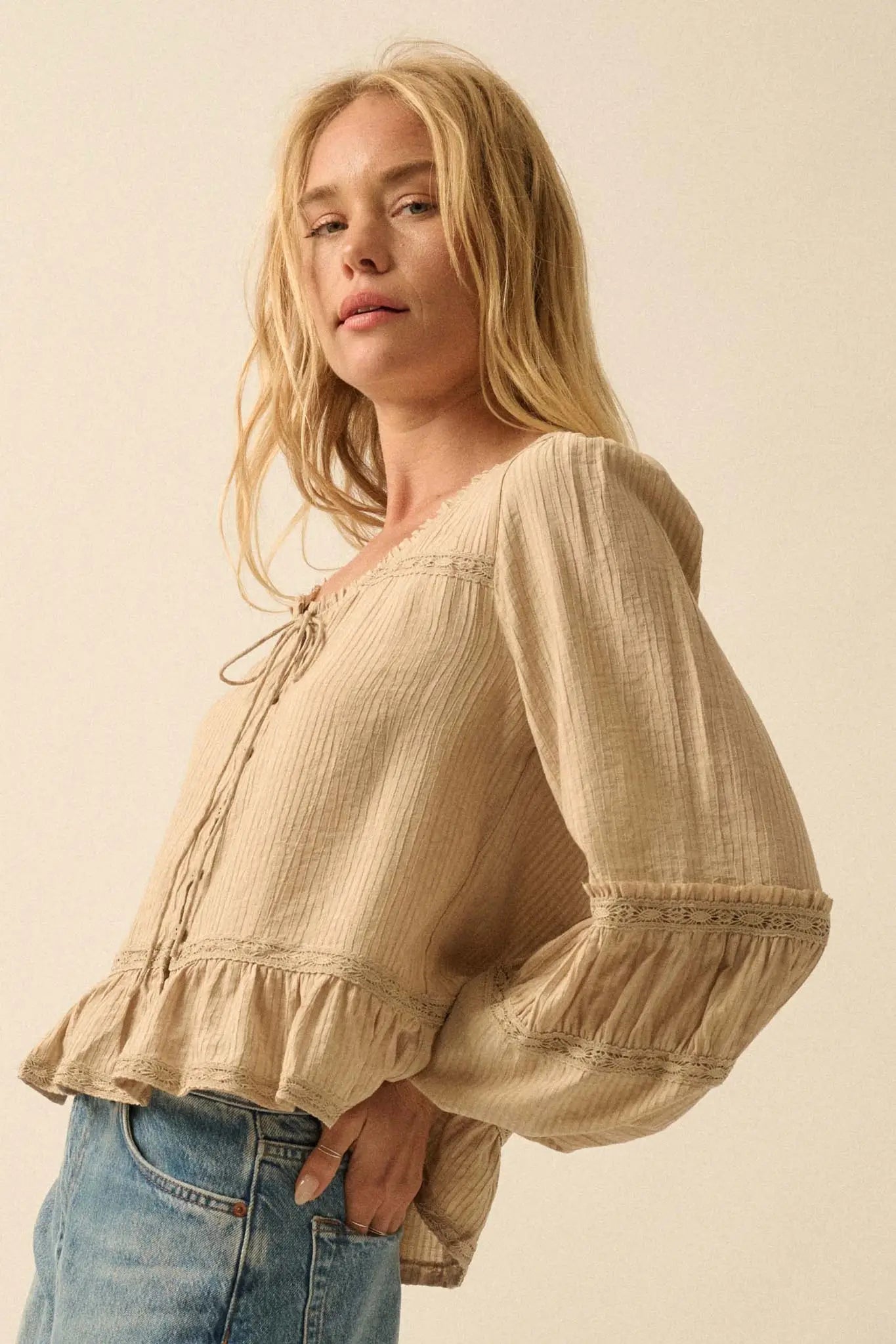 Lovely Day Button-Up Lace-Trim Ruffled Peasant Top