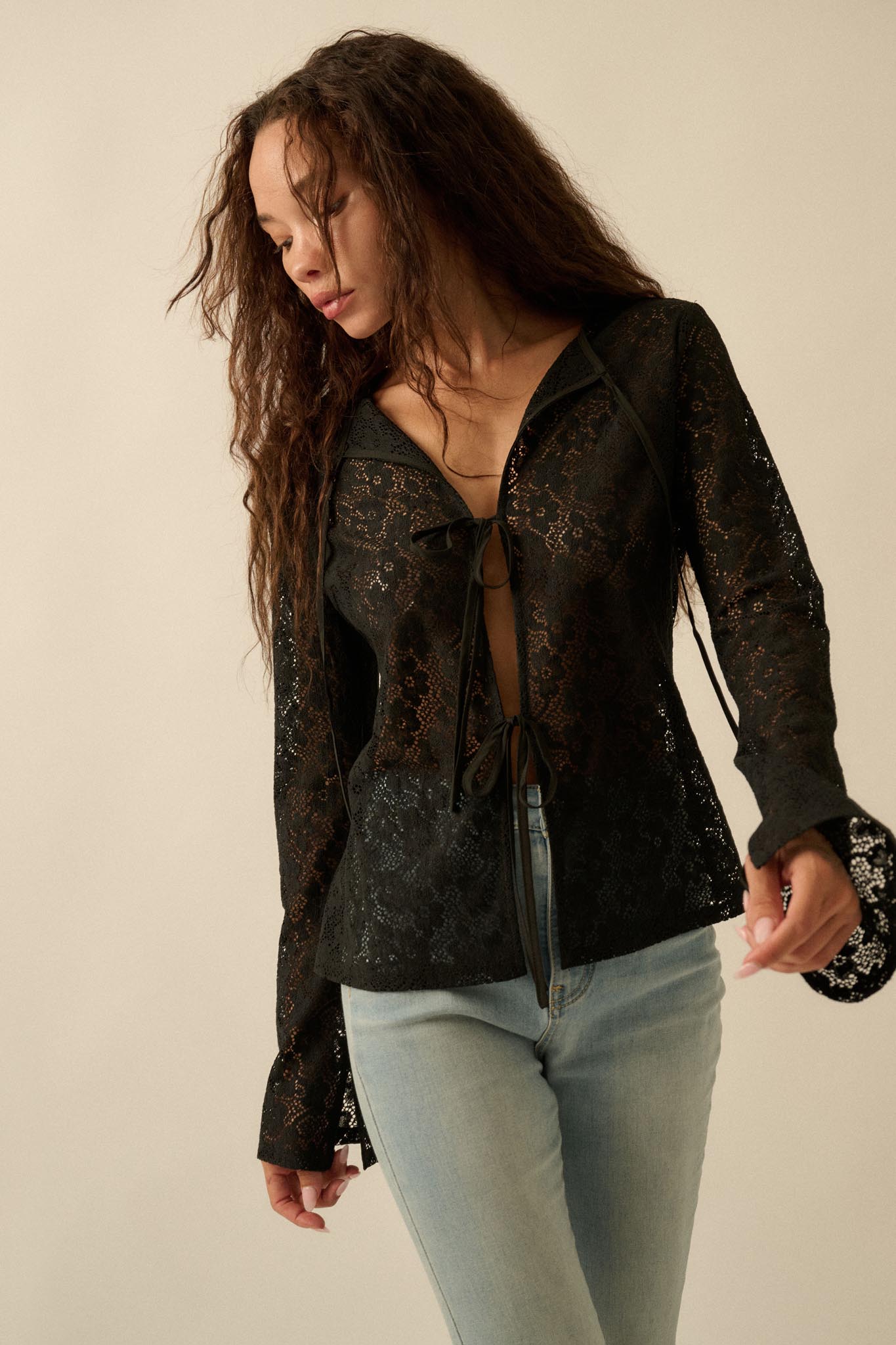 Lost in the Moment Floral Lace Tie-Front Top