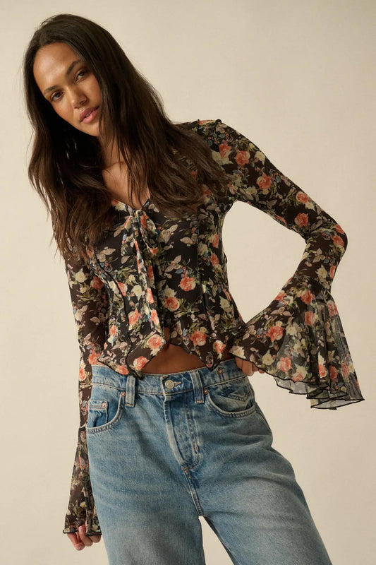 Garden Beauty Floral Mesh Bell-Sleeve Top