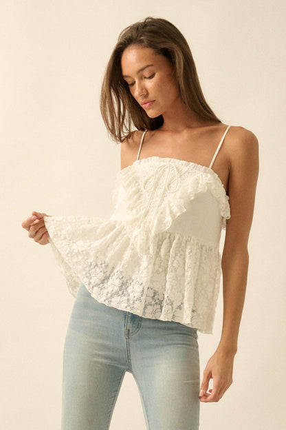 Frill Seeker Ruffled Floral Lace Babydoll Cami Top