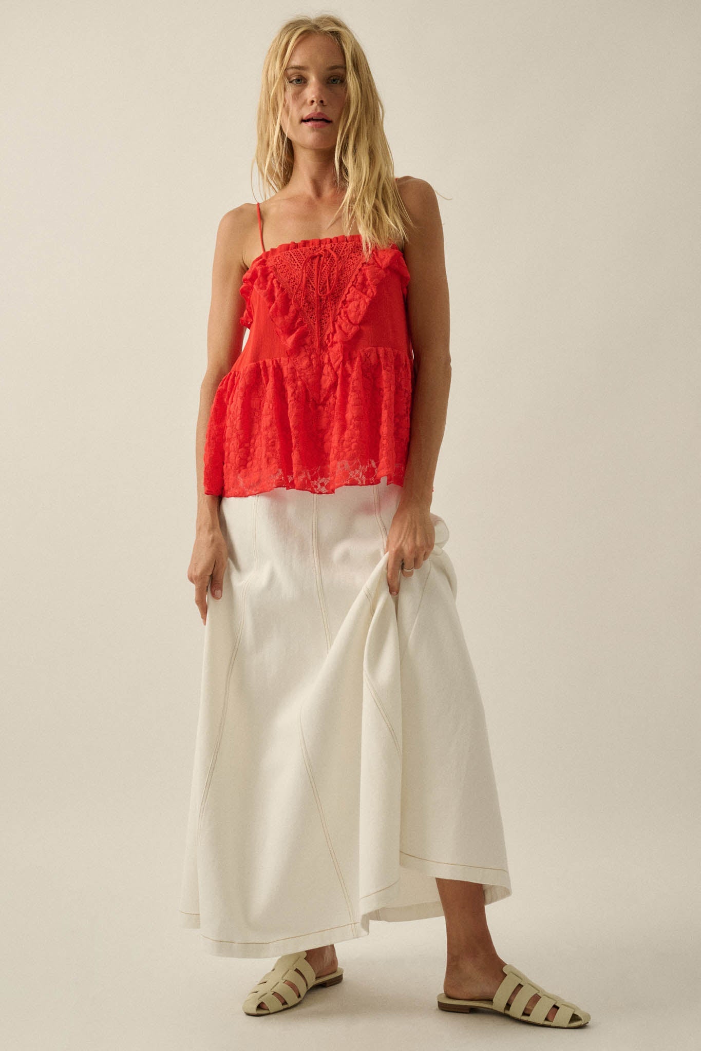 Frill Seeker Ruffled Floral Lace Babydoll Cami Top