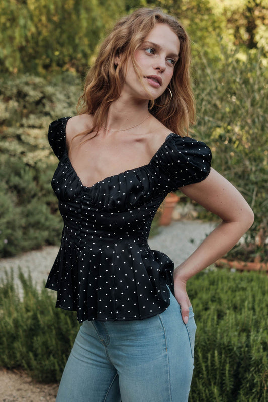 On the Dot Polka Dot Satin Puff-Sleeve Peplum Top
