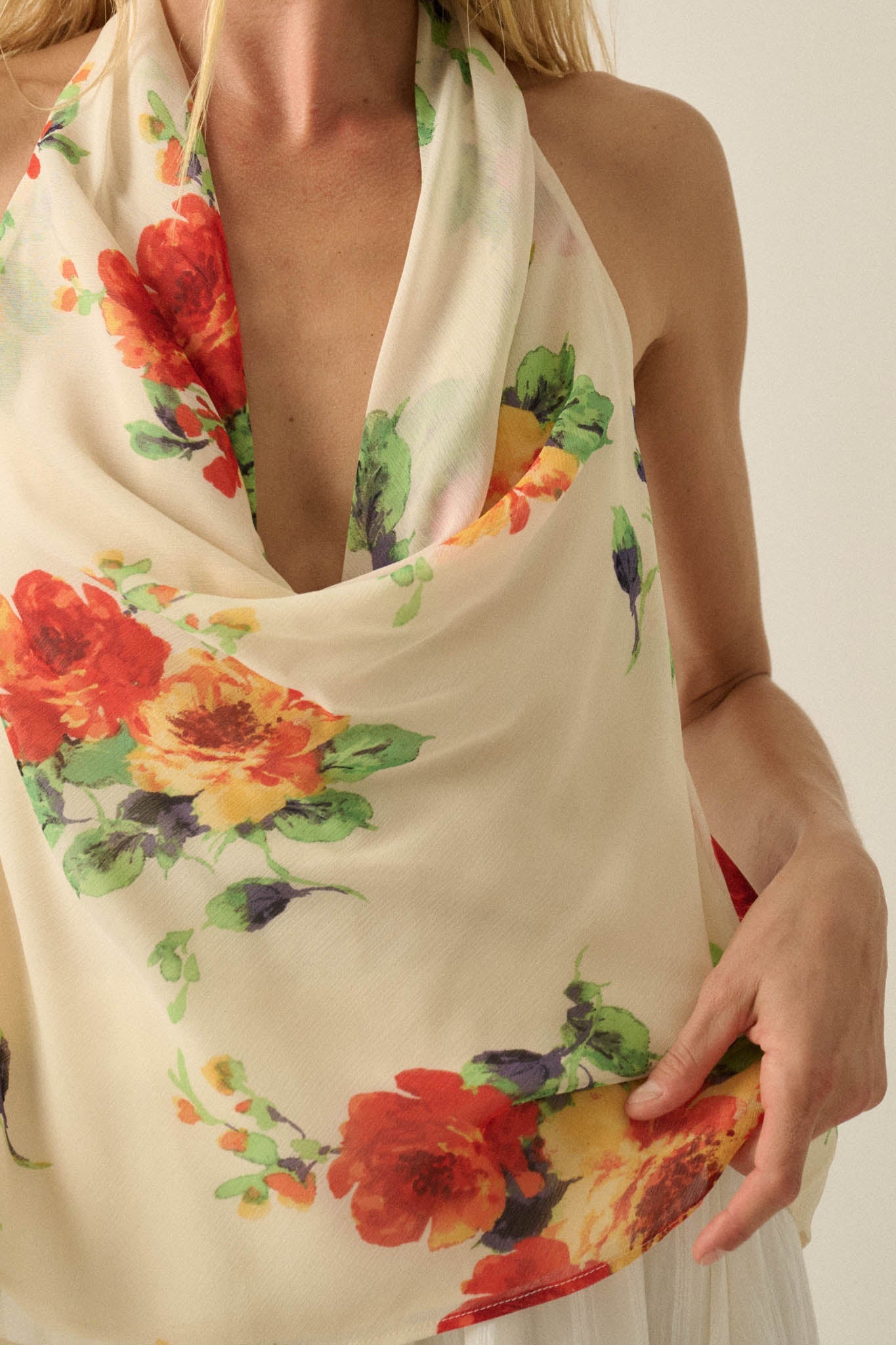 Magical Blooms Floral Chiffon Cowl-Neck Halter Top