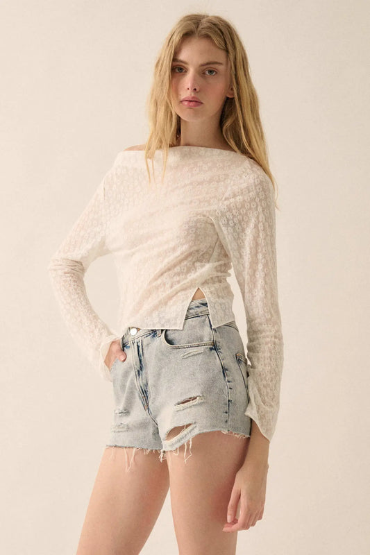 Delicate Petals Sheer Floral Jacquard Boatneck Top