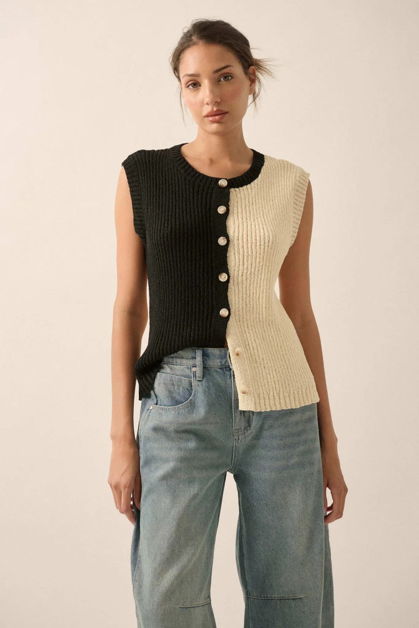 Double Date Colorblock Knit Buttoned Sweater Vest
